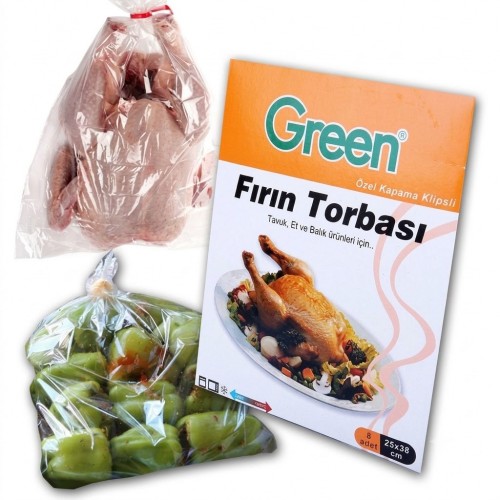 Green Fırın Torbası 8'li 1 Paket (25x38 cm) Klipsli Tavuk Ve Sebze Pişirme Poşeti Green Fırın Torbası 8'li 1 Paket (25x38 cm) Klipsli Tavuk Ve Sebze Pişirme Poşeti