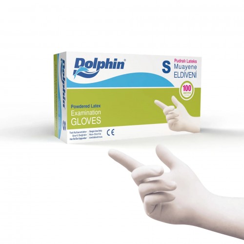 Dolphin Pudralı Beyaz Lateks Muayene Eldiveni S Beden (1 Paket / 100 Adet) Dolphin Pudralı Beyaz Lateks Muayene Eldiveni S Beden (1 Paket / 100 Adet)